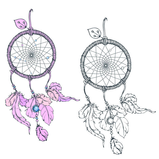 illustrazioni stock, clip art, cartoni animati e icone di tendenza di doodle vintage disegnato a mano dream catcher. schizzo per tatuaggio, poster, stampa, t-shirt, invito, carte, striscioni, volantini, calendari. - dreamcatcher