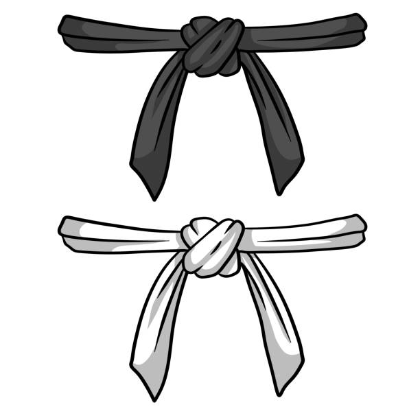 ilustraciones, imágenes clip art, dibujos animados e iconos de stock de karate y judo de cinturón blanco y negro. deporte de combate oriental. - belt