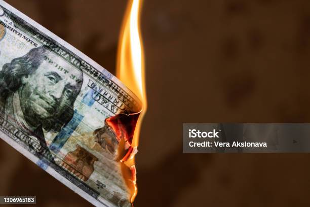 Burning Dollar Bill Close Up Copy Space Stock Photo - Download Image Now - Fire - Natural Phenomenon, Currency, Dollar Sign
