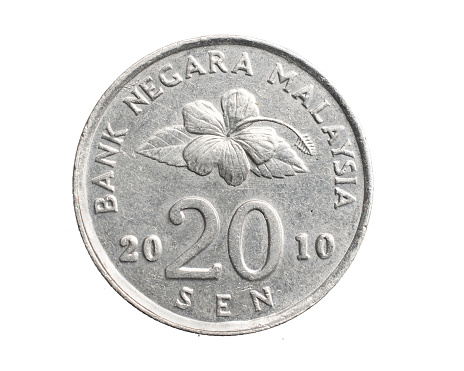 Malaysia twenty sen coin on a white isolated background