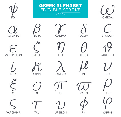 Greek letters, font set, science letters, lettering alphabet. Editable stroke icons