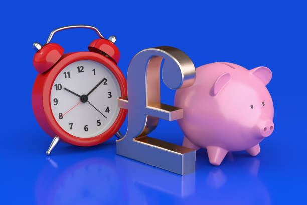 Time is Money Concept. 3d rendering Time is Money Concept. 3d rendering piggy bank gold british currency pound symbol stock pictures, royalty-free photos & images