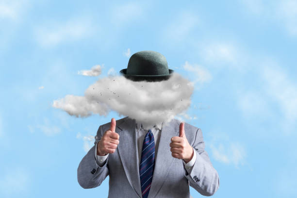 istock Businessman in a hat, with a cloud instead of a head. Creative thinking, creativity, business concept. 1306974766