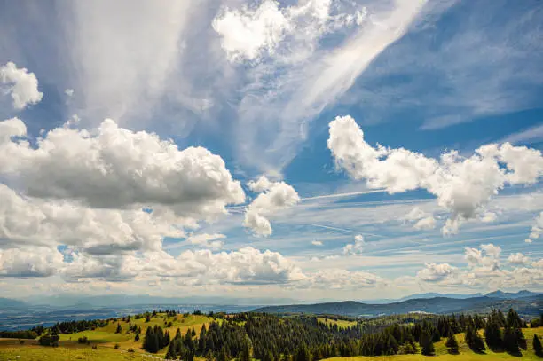 Dramatic cloudy sky over the Creux-du-Van region in the canton of Neuenburg (Neuchatel), Switzerland