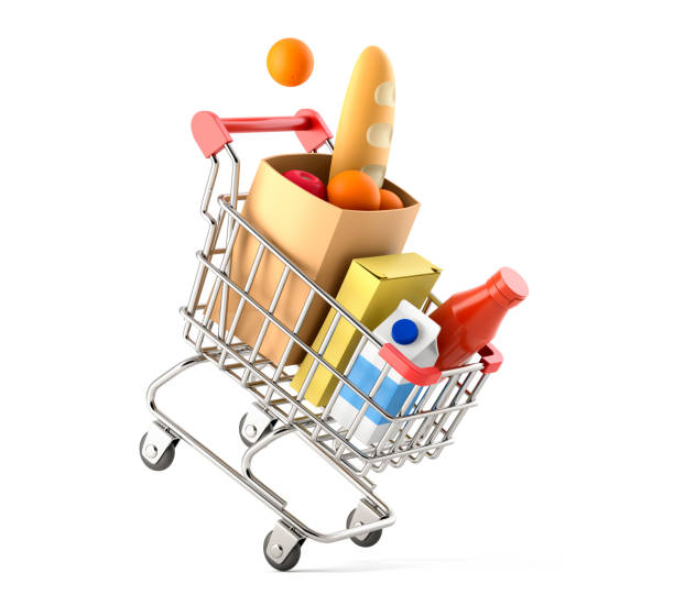 shopping cart with different food products - shopping basket imagens e fotografias de stock