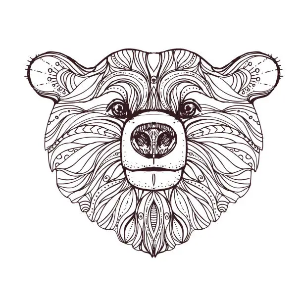 Vector illustration of hand drawn ink doodle bear on white background. Coloring page - zendala, design for adults, poster, print, t-shirt, invitation, banners, flyers.