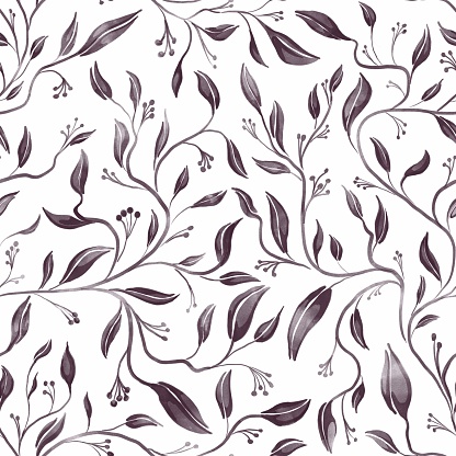 Watercolour seamless botanical pattern. Monochrome design for fabric, textile, wallpaper and packaging