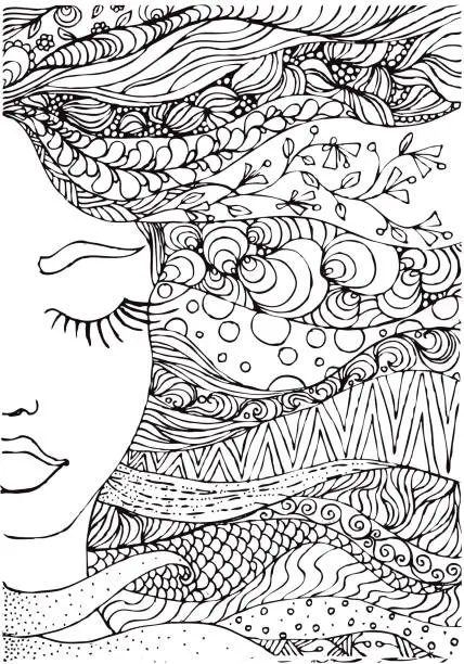 Vector illustration of hand drawn ink doodle womans face and flowing hair on white background. Coloring page - zendala, design forr adults, poster, print, t-shirt, invitation, banners, flyers