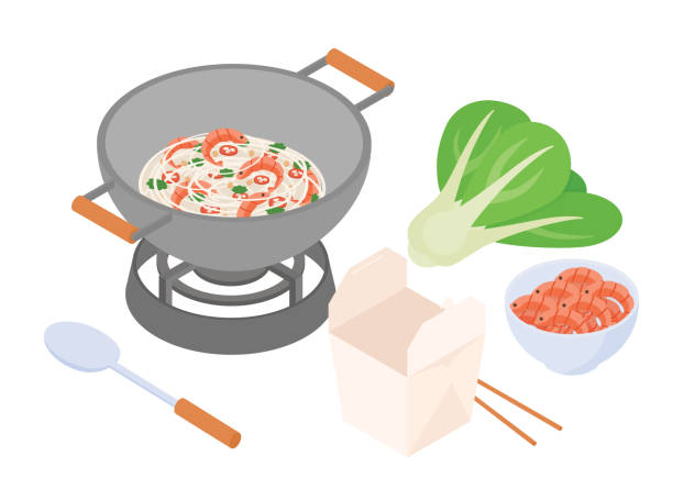 ilustrações de stock, clip art, desenhos animados e ícones de stir frying set isometric vector illustration - asia cooked food gourmet