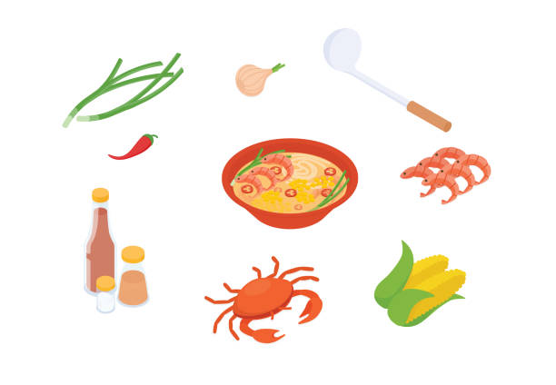 ilustrações de stock, clip art, desenhos animados e ícones de chowder soup isometric vector illustration - food dinner prepared fish gourmet