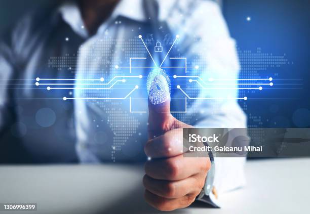 Woman Using Fingerprint Indentification To Personal Access Biometrics Security Ekyc Innovation Technology Concept Stock Photo - Download Image Now