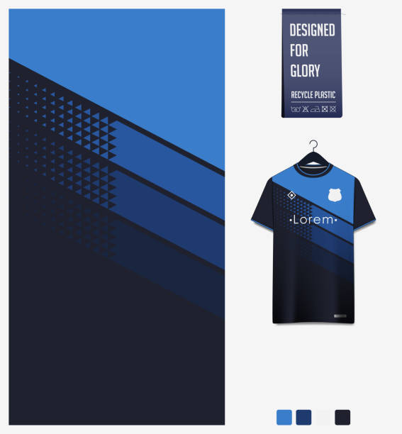 Soccer jersey pattern design. Geometric pattern on blue abstract background for soccer kit, football kit or sports uniform. T-shirt mockup template. Fabric pattern. Sport background. Soccer jersey pattern design. Geometric pattern on blue abstract background for soccer kit, football kit, bicycle, e-sport, basketball, t-shirt mockup template. Fabric pattern. Sport background. Vector Illustration. abstract shirts stock illustrations