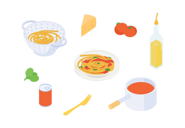 ilustrações de stock, clip art, desenhos animados e ícones de spaghetti pasta set isometric vector illustration - parmesan cheese