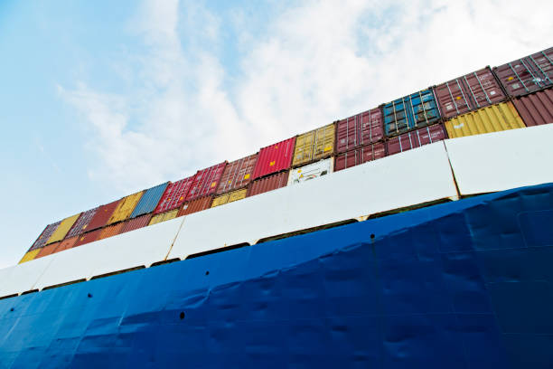 Close up of a Container ship in a port.