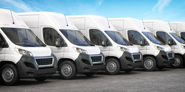 delivery vans in a row.  express delivery and shipment service concept. - speed horizontal commercial land vehicle automobile industry imagens e fotografias de stock