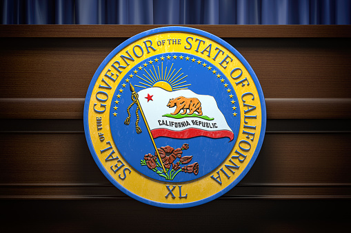 Seal of the governor of the State of California on the tribune, Press conference of governor concept. 3d illustration