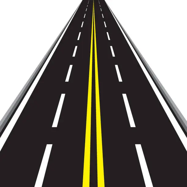 Vector illustration of Along the road. Illustration of road with yellow lines