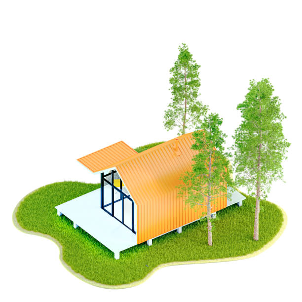 istock Top view modern small white frame tiny house in the Scandinavian style barn with an orange roof on an island with a green lawn and fir trees. 3D illustration on a white background, isolated 1307000584