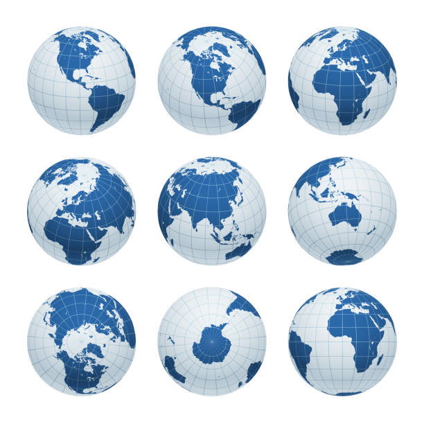 illustrations, cliparts, dessins animés et icônes de globe terrestre réglé à partir de vues variantes avec des méridiens et des parallèles. illustration 3d de vecteur - zone équatoriale