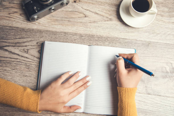 istock woman write in a notebook with coffee and camera on table 1307002775