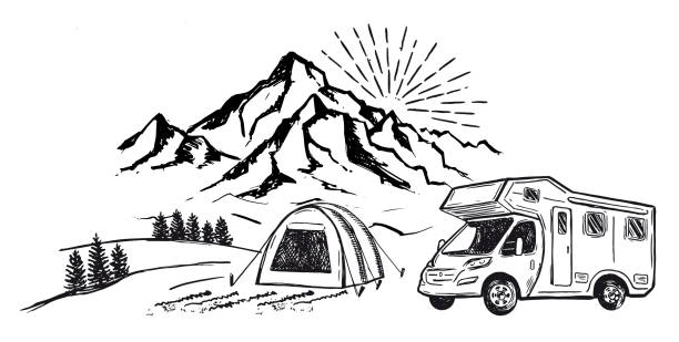 illustrazioni stock, clip art, cartoni animati e icone di tendenza di campeggio nella natura, camper, paesaggio montano, stile disegnato a mano, illustrazioni vettoriali. - rv