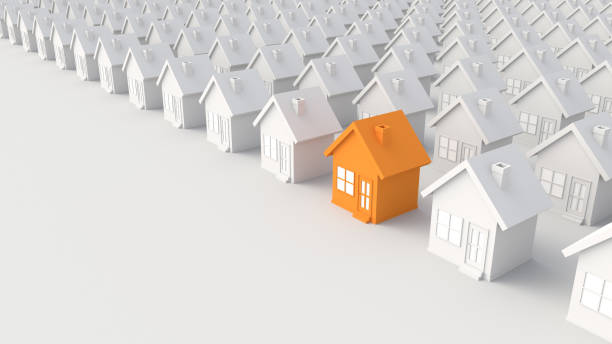 istock Orange house among white houses, on white background with empty copy space on left side. Hunting and searching concept 1307008340