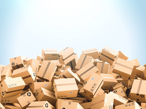 istock Cardboard boxes on blue background with empty copy space on top, logistics and delivery concept 1307008369