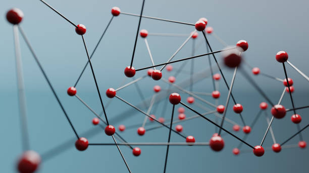 istock Red spheres on blue background, concept of network 1307008372
