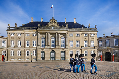 Copenhagen, Denmark - December 29, 2022. Royal Guard in Amalienborg Castle in Copenhagen. Changing of the Guard.