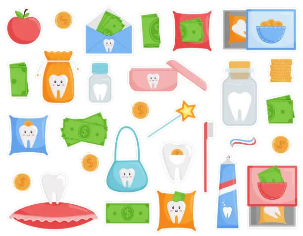 Vector illustration of A set of stickers on the theme of a fallen tooth. The tooth is in a bag, boxes, cones, jars. Decorative elements for certificates. Children's dentistry. Flat style, isolated on a white background.