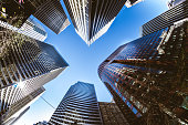 Many skyscrapers photographed from below