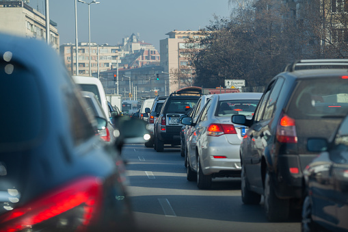 Sofia, Bulgaria - Nov 27 2020: A traffic jam on important crossroad in the capital during the weekend