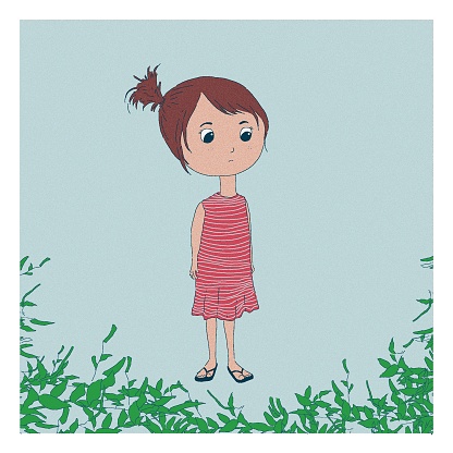 Illustration of a little girl staring out into the blue