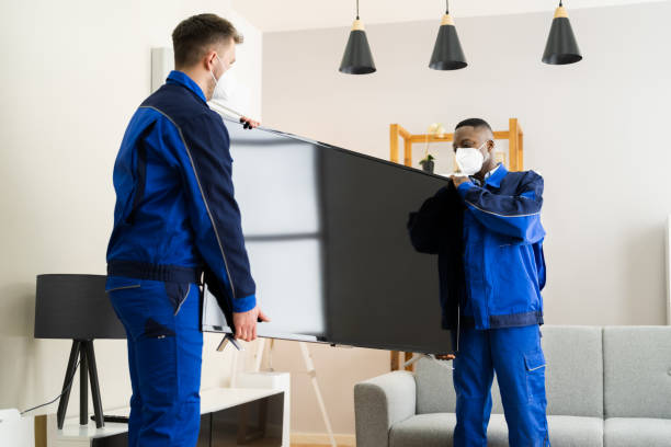 istock Two Young Male Movers In Uniform Placing Television 1307016407
