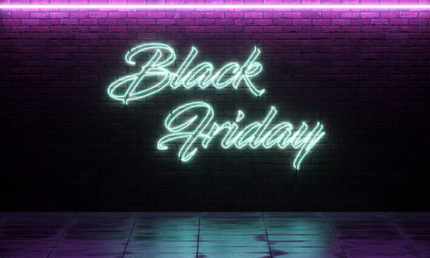 istock Black Friday blue neon lights banner. Sale text text discount brick 3d rendering 1307017032