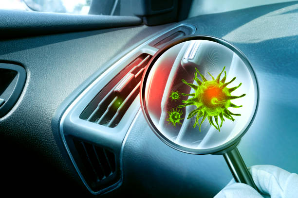 istock 3D simulation of viruses inside the Car ventilation system by showing through a magnifying glass.Passenger side in the car 1307018192
