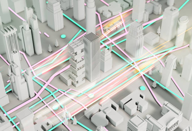 istock 3D Render Abstract city. City plan, streets and skyscrapers with neon traffic lights effect 1307024926