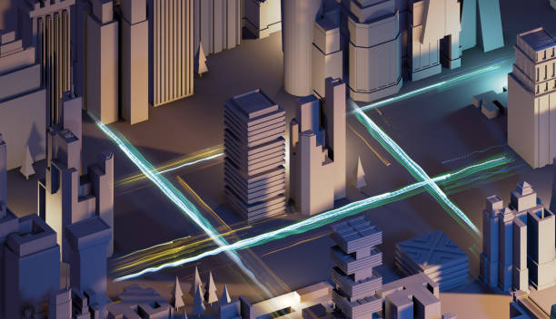 istock 3D Render Abstract city. City plan, streets and skyscrapers with neon traffic lights effect 1307024949