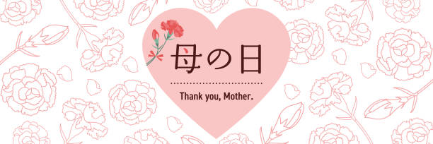 ilustrações de stock, clip art, desenhos animados e ícones de mother's day hearts and carnations banner template, text translation: “mother's day”, 3:1 horizontal position, white design - caryophyllaceae