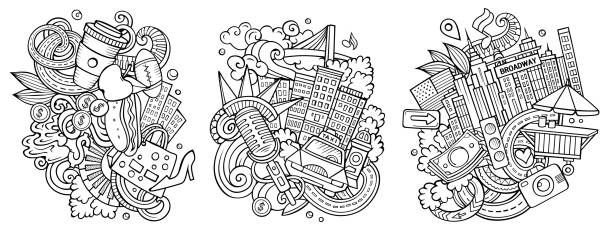 illustrazioni stock, clip art, cartoni animati e icone di tendenza di set di disegni di doodle vettoriali per cartoni animati di new york. - brooklyn bridge taxi new york city brooklyn