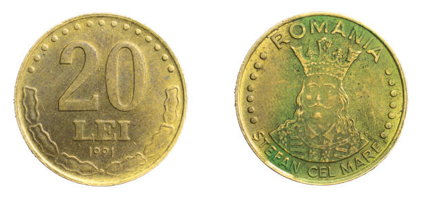istock Romania twenty lei coin on a white isolated background 1307027419