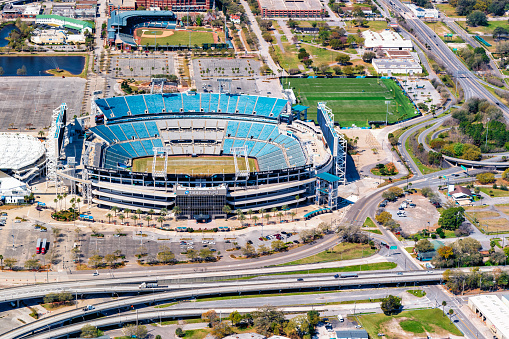 Jacksonville, United States - March 10, 2021:  Opened in 1995, TIAA Bank Field in Jacksonville, Florida; the home of the NFL's Jacksonville Jaguars shot from an altitude of about 800 feet.