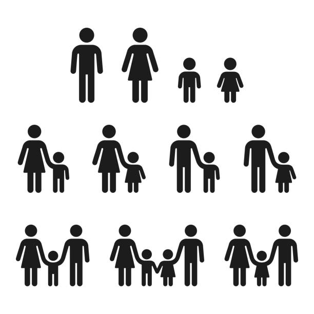 Parents with children icons Adults and children, different genders figure icons. Mom and dad holding hand of son and daughter, family and one parent. Vector symbol set. children holding hands icon stock illustrations