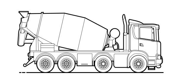 Vector contour concrete mixer; cement mixer truck, side view. Linear drawing for coloring book for boys; outline. Modern flat vector illustration. Vector contour concrete mixer; cement mixer truck, side view. Linear drawing for coloring book for boys; outline. Modern flat vector illustration. concrete silhouettes stock illustrations