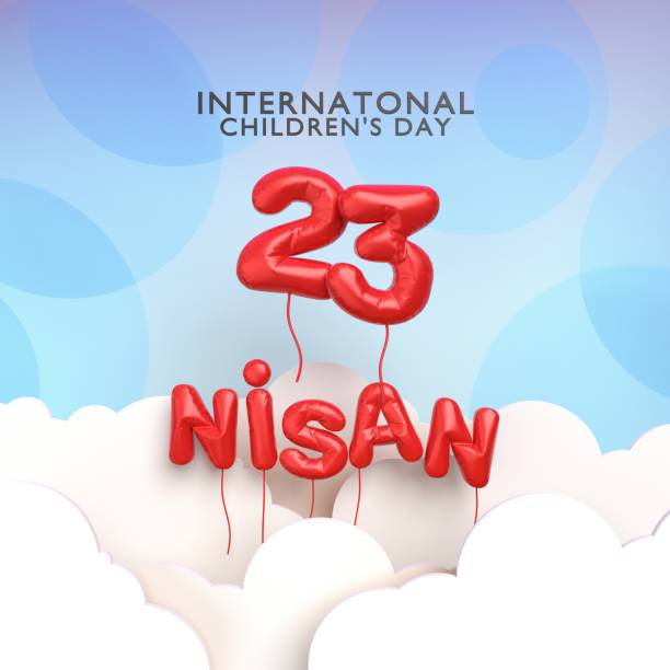 23 April International Children’s Day Celebration Banner on Blue Sky Background with Clouds in English 23 April International Children’s day greeting card on blue sky with paper clouds and Turkish celebration message. Children’s Day concept. 3D render isolated on white background. Easy to crop for all your print sizes and social media needs. april stock pictures, royalty-free photos & images