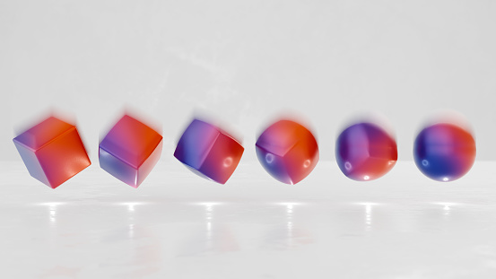 Colorful objects shape shifting from a cube to a sphere shape, in motion