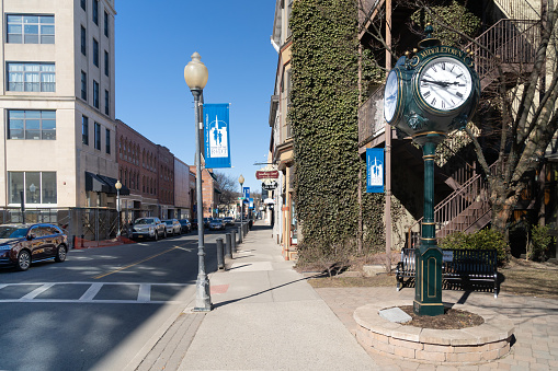 Middletown, NY - USA - Mar 13, 2021: View of Middletown's street clock on North Street, located in Middletown's downtown shopping district.