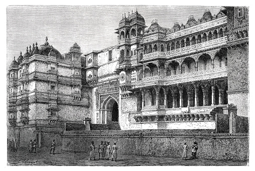 City Palace, Udaipur is a palace complex situated in the city of Udaipur in the Indian state of Rajasthan.
Original edition from my own archives
Source : Tour du monde 1871
Drawing : H. Clerget after M.L. Rousselet - Hurel
