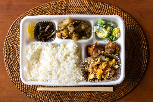 Takeaway meals from restaurants at home.\nEat bento delivered by Uber Eats at home.\nTeriyaki chicken. Fried egg. Pickles. \nwaribashi (disposable chopsticks).