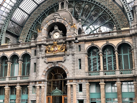 Antwerp, Belgium - May 28,2019: Antwerp Central train station, beautiful architecture design by Louis Delacenserie